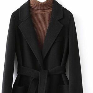 Black Cashmere Wool Belted Short Coat Jacket